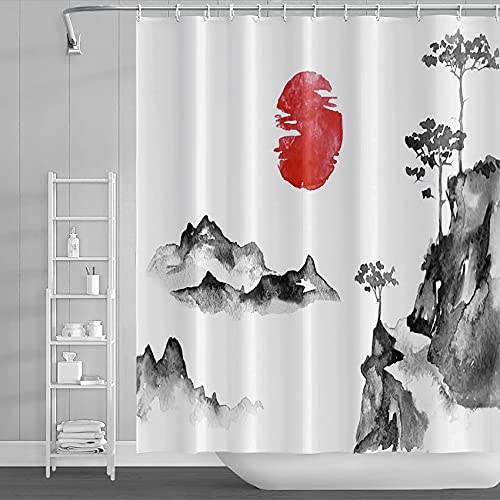 Japanese Shower Curtain for Bathroom Red Sun and Mountain Bath Curtains Asian Anime Shower Curtains Set 72x72 Inch Waterproof Polyester Fabric Bathroom Decor with 12 Hooks