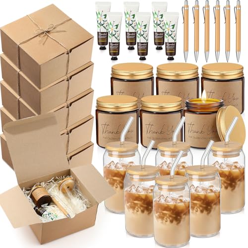 Reallnaive 6 Sets Baby Shower Prizes for Game Winners Baby Shower Favors Including Glass Cup Scented Candles Hand Cream Pens Gift Box with Raffia for Gender Reveal Wedding Bridal Party Prizes(Khaki)