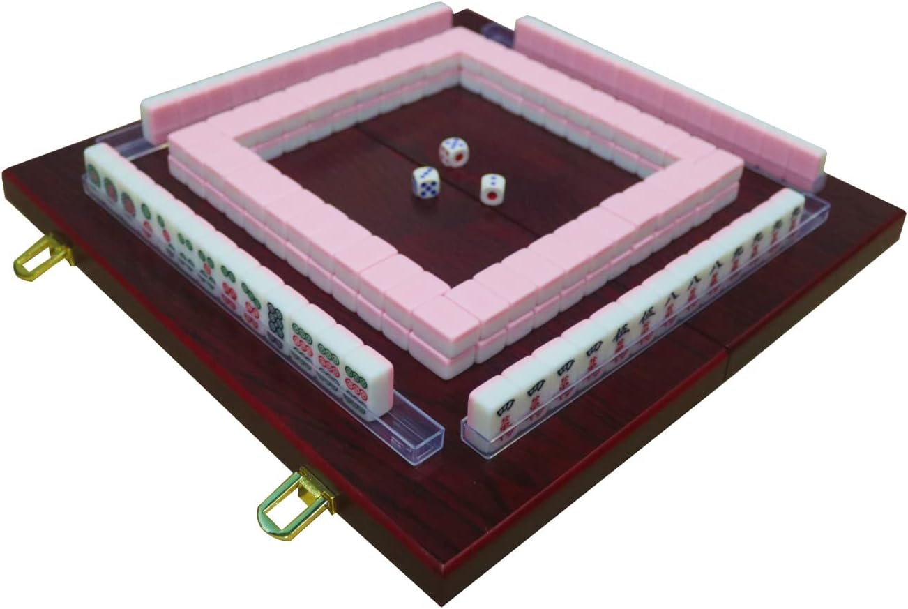 Miniature Chinese Mahjong Game Set with Foldable Table 144 Mini-Tiles, Case, and Accessories, Travel Set (Pink, 22MM)