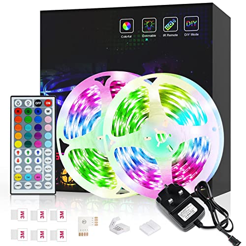 Romwish 10m LED Strip Lights Kit, RGB Colour Changing Flexible Light Strip with 44-Key IR Remote, 24V 5050 LED Tape for Bedroom, TV, Kitchen, Party Decoration