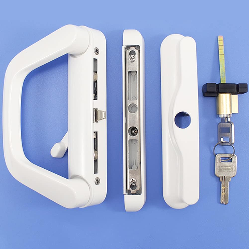 ALLYWASAI Sliding Patio Door Handle Set with Mortise Lock, Suitable for Sliding Glass Patio Door Thickness from 0.75in to 1.4in, 4-15/16" Screw Holes, Lock Outside, Reversible Design, Keyed, White