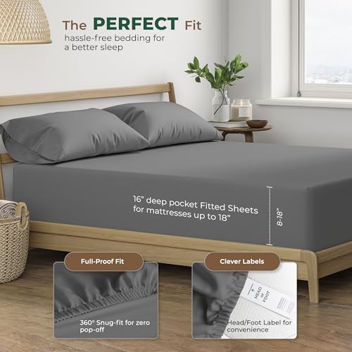 THREAD SPREAD 100% Organic Cotton Percale Weave Fitted Sheet Queen Size, Dark Grey, 1 Deep Pocket Queen Fitted Sheet, Fits Mattress Upto 16\" Crisp and Cool Bed Linen, Luxury GOTS Certified Sheets - Thumbnail 4