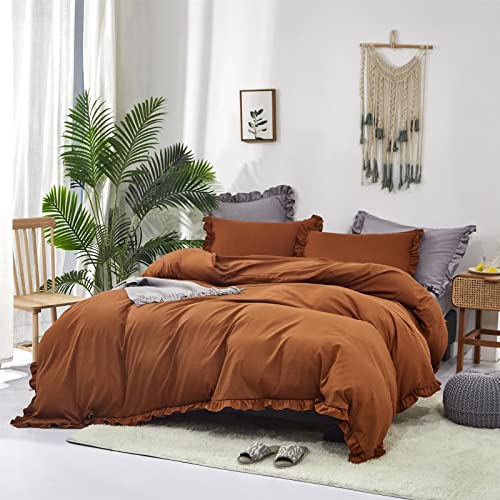Houseri Pumpkin Color King Comforter Set Boho Ruffled Comforter Dusty Orange Farmhouse Bedding Sets Women Caramel Pumpkin Ruffle Fringed Comforter King Vintage Shabby Chic Bedding Comforter King Size #TOP4