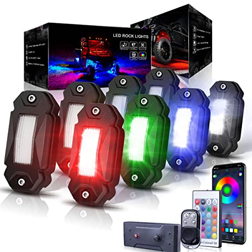 LEDMIRCY R2 RGBW LED Rock Lights Kit 8Pods for Off-Road Trucks UTV ATV SUV RZR with Bluetooth APP Control Car Multicolor Underglow Footwell Neon Lights Kit for Car with Wiring Switch Waterproof