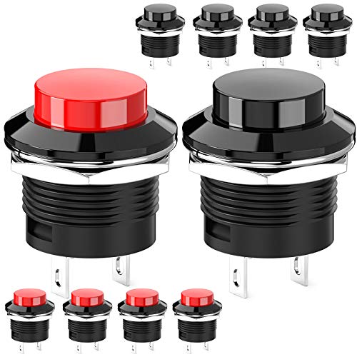 DIYhz Momentary Push Button Switch Mini No Lock Round Switch AC 250V 3A AC 125V 6A Off-ON Red & Black Cap (10 pcs)