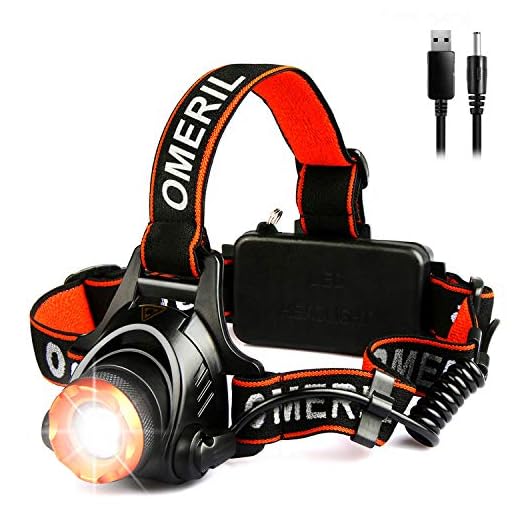 OMERIL Linterna Frontal LED, Linterna Cabeza USB Recargable 4000mAh, 90° Ajustable y Zoomable Luz Frontal con 3 Modos de Luz, Frontal LED para Camping, Excursión, Pesca, Caza, Ciclismo - IPX4