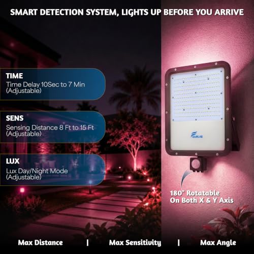 Image of Forus 200W LED Flood Light Pink with Motion Sensor Auto On Off Day Night Mode Waterproof Outdoor Security Light for Garden Parking Garage Factory Warehouse High Bright Floodlight 4Yr Warranty-1Pc