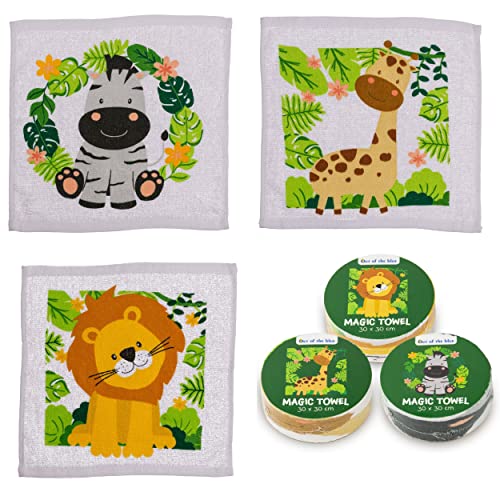 Damaloo 3 Asciugamani Magici per Bambini con Motivo Animale Safari, Set per Ragazze e Ragazzi, 30 x 30 cm