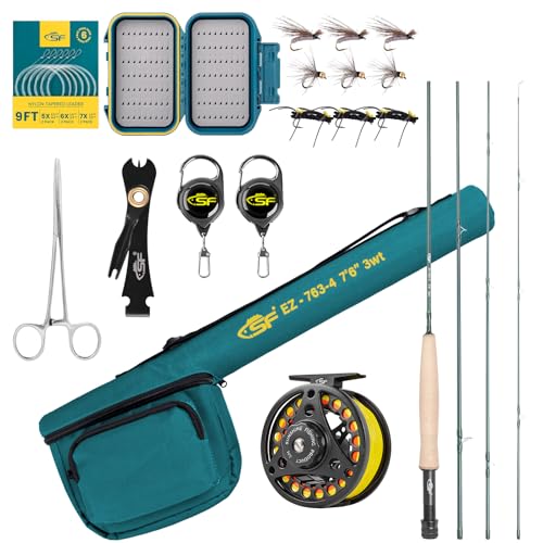 SF Fly Fishing Rod Combo Starter Kit - 4 Piece 3WT 7.6FT Eme...