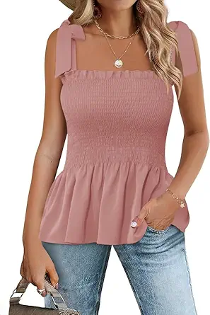 Micoson Ruffle Tank Tops for Women Summer Square Neck Sleeveless Tops Tie Shoulder Chiffon Blouse Babydoll Shirts