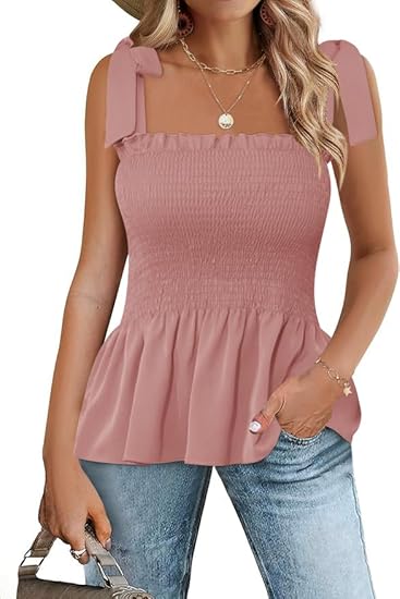 Micoson Ruffle Tank Tops for Women Summer Square Neck Sleeveless Tops Tie Shoulder Chiffon Blouse Babydoll Shirts