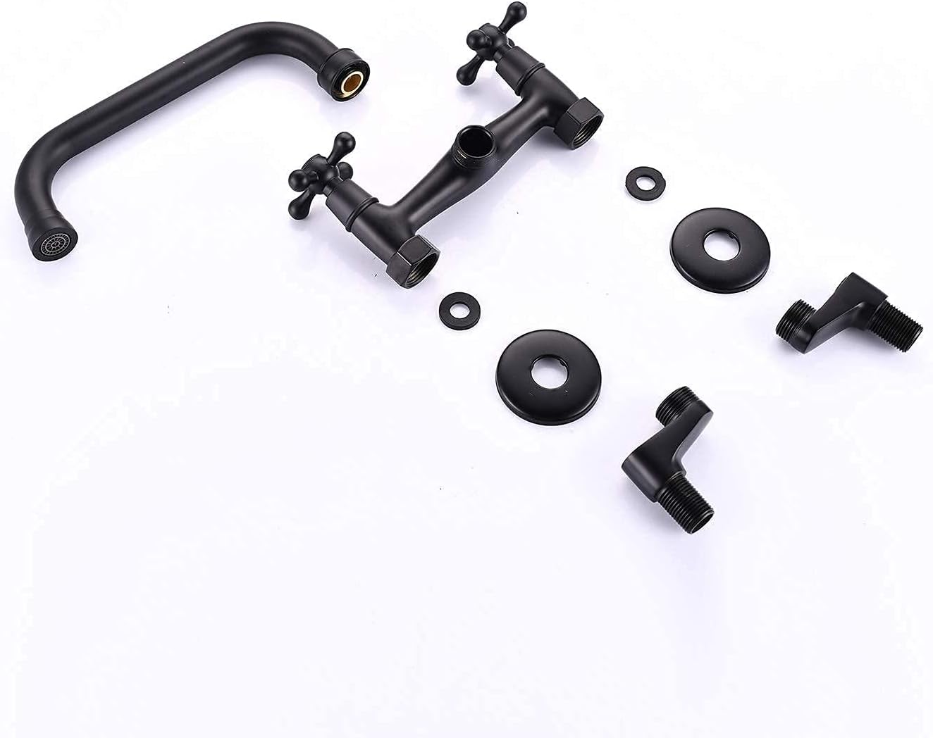 Matte Black Bathroom Luxury Shower Faucet 8’’ Round Head 2 Cross Handle Bathtub Hand Spray Wall Mount Kitchen Faucet Double Cross Handle Commercial 3’’ to 9’’ Adjustable Spread Mixer Tap