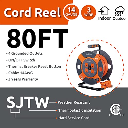 Link2Home 80 Ft. Retractable Extension Cord Reel With 4 Outlets & 14Awg 3-Prong High Visibility Sjtw Cord #TOP2