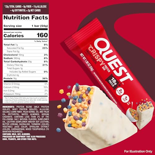 Image of Quest Nutrition Crispy Protein Bar, Fruity Cereal Flavor, 18g Protein, 1g Sugar, 2g Net Carbs, Low Sugar, 12 Count