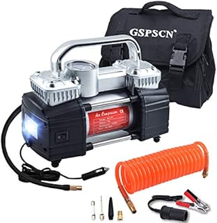 GSPSCN Silver Dual Cylinder 12V Air Compressor Pump for Car, Heavy Duty Portable Tire Inflator 150PSI with LED Work Lights for Auto,Truck,SUV, RV,Balls etc
