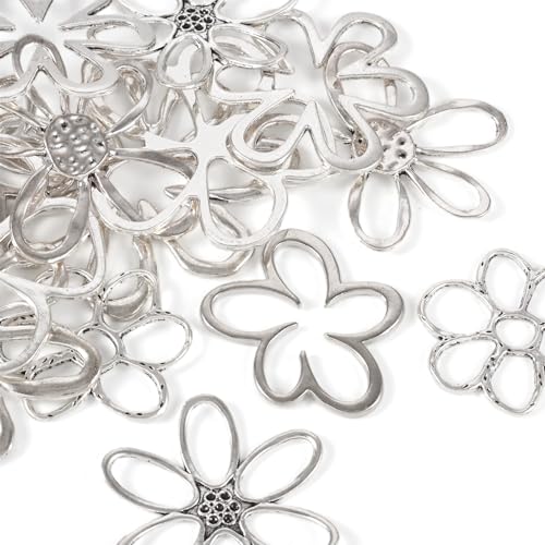 Bestewelry 14Pcs Hollow Flower Charms Pendants Antique Silver Floral Connector