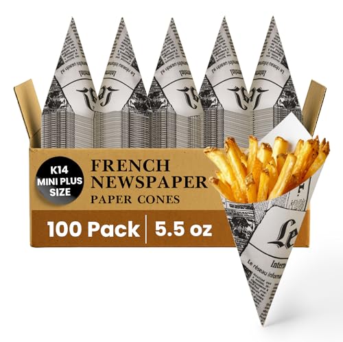 Friteshop Le Mende French Newsprint Paper Cones K-14 Mini Plus 5.5oz - Disposable Grease Absorbing - Hors doeuvres & French Fries Holder for Catering - Durable European Made Snack Holder - 100 Count
