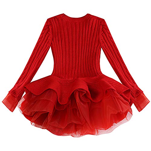 Generic Christmas Sweater Dresses For Girls Ruffle Sweater Long Sleeves Tutu Dress Stitching Knitting Pullover Tops For Kids (Red, 100) #TOP1