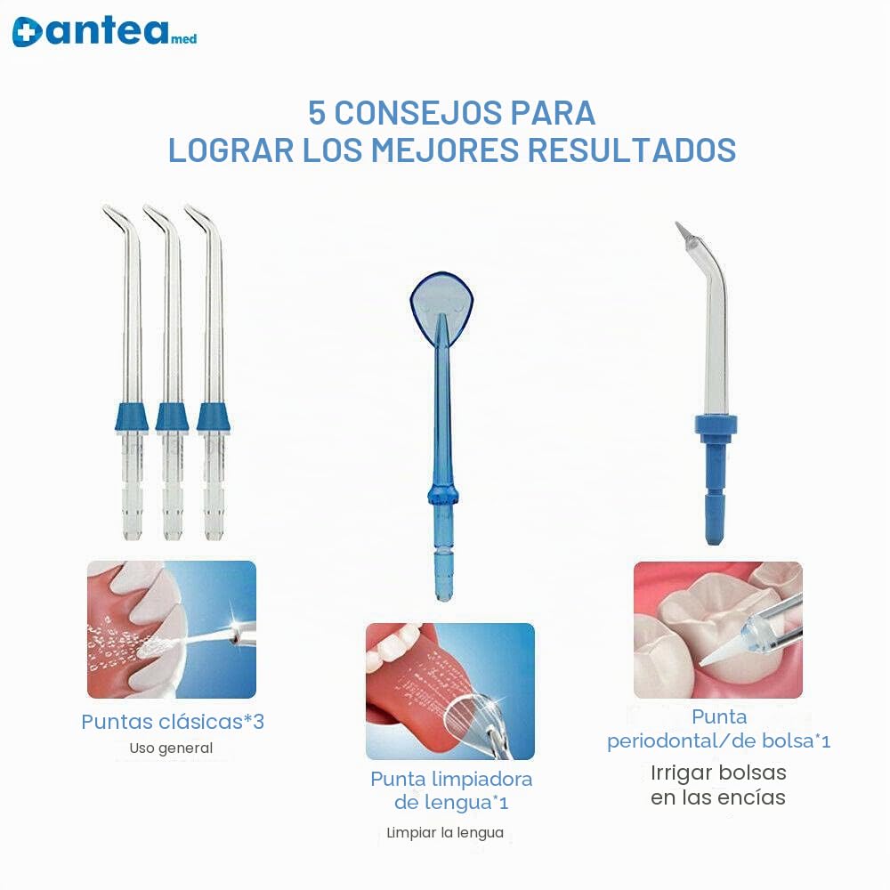 Antea JET Chorro de agua de Batería con 10 configuraciones, 3 chorros estándar, 1 chorro intersticial pik pocket y 1 limpiador de lengua