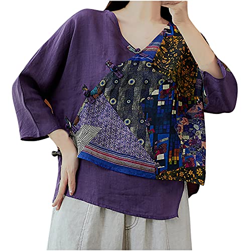 Women Summer Cutton Linen Top Casual Loose Fit Shirt Fashion Vintage 3/4 Sleeve V-Neck Blouse Print Tunic Clothes Purple