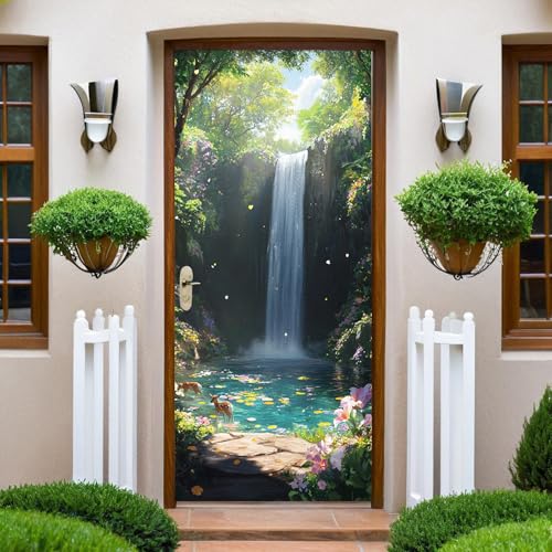 Peinture À L'Aquarelle Autocollants de Porte 90x200 cm Cascade en forêt 3D Trompe L'Oeil Auto-adhésif Vinyle Porte Papier Stickers Imperméable Mur Salon...