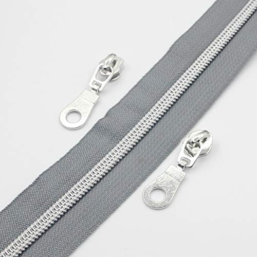 Image of Leekayer #5 Metallic Silver Nylon Coil Zippers by The Yard Bulk 10 Yards Grey Tape with 25pcs Silver Sliders for DIY Sewing Tailor Craft Bag(Grey)