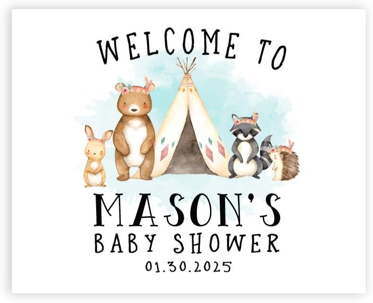 Andaz Press Custom Large Baby Shower Canvas Welcome Sign, 16 x 20 Inches, Woodland Animals, Guestbook Alternative, Personalized Sign Our Canvas, for Woodland Forest Animal Baby Shower, Baby Sprinkle