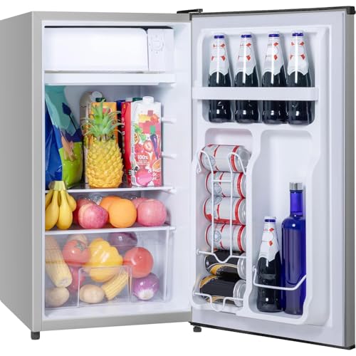 Tehanld - Mini refrigerador de 3.2 pies cúbicos para recámara, oficina, mini refrigerador con congelador, mini refrigerador pequeño con termostato ajustable, bajo ruido, ahorro de energía, plateado