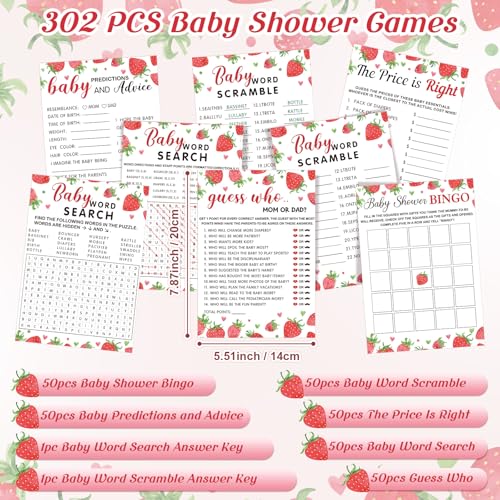 Image of Jetec 302 Pcs Strawberry Theme Baby Shower Games, 6 Games, 50 Sheets Each, Baby Shower, Word Scramble, Word Search, Predictions and Advice, The Price is Right