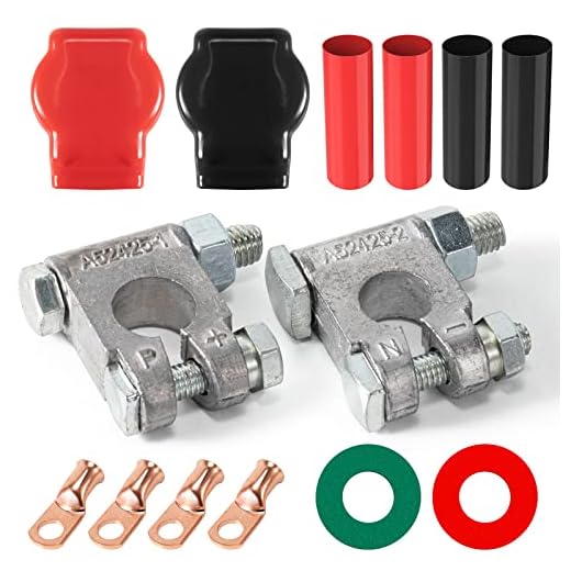 Battery Terminal Connectors, Military Spec Positive Negative Heavy Duty Battery Terminals with Cover, 3/8" Copper Lugs, Heatshrink, Anti Corrosion Washer for Vessels Cars Boats RVs