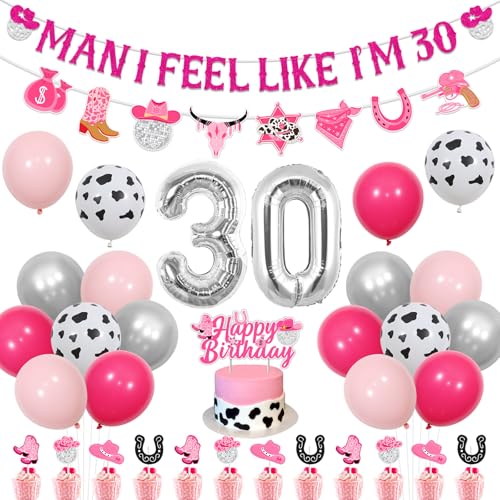 kreat4joy Disco Cowgirl 30th Birthday Decorations, Man I Feel Like I’m 30 Birthday Banner Garland Cake Cupcake Toppers Number 30 Foil Balloons for Woman Western Cowgirl 30 Years Old Birthday