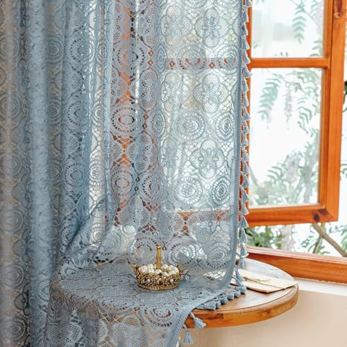 YJ YANJUN Boho Lace Curtains 63 inch Long 2 Panels -Vintage Floral Crochet Sheer Panels with Tassel for Living Room Bedroom Light Filtering Retro Bohemian Farmhouse Drapes Dusty Blue W59 x L63