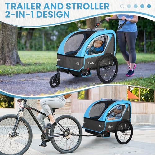 Image of Sepnine Kids Bike Trailer, 2 in1 Canopy Carrier Converts to Pushcart Suitable for 1 to 2 Toddlers, Kids, Quick Attach to Bike, Foldable, with 5-Point Harness and Storage Bags