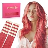 Picture of WENNALIFE Tape in Hair Extensions Human Hair Coral Red Tape in Extensions, 10pcs 25g 16 inch Remy Invisible Tape Ins Straight Colored Soft Real Human Hair Tape in Extensions Refill Set Extensions