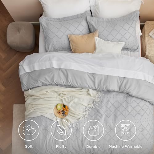 Image of Bedsure Twin XL Comforter Set - Light Grey Comforter, Boho Tufted Distressed Vintage Bedding for Kids, 2 Pieces Farmhouse-Style Bed Set for All Seasons, Fluffy Soft Bedding with 1 Pillow Sham
