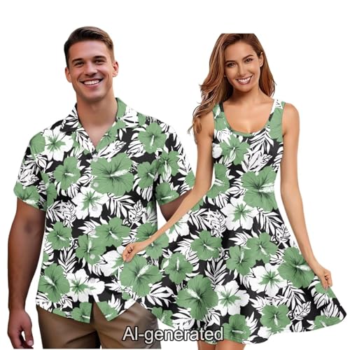 Image of Dreaweet Summer Dresses for Women A-Line Sleeveless Flowy Sun Dresses,Men's Casual Button-Down Shirts,Couple Matching Outfits