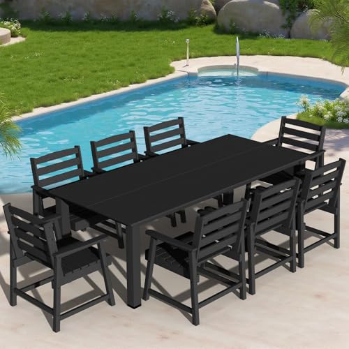 LOUNZY 9-Piece Patio Dining Set, 90'' Outdoor HDPE Luxury Table with 8 Weather-Resistant Chairs for Backyard, Deck, Lawn, Poolside, Black 9 Dining Set
