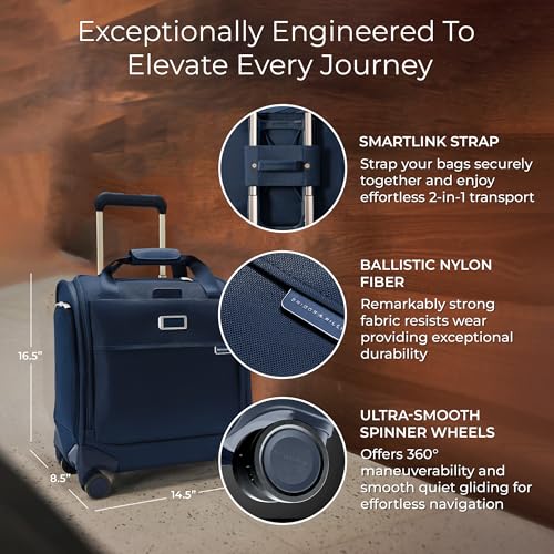 Image of Briggs & Riley Cabin Spinner - Carry On Luggage for Travel, Suitcases with Wheels, Softside Rolling Bag for Men & Women, Fits Under Plane Seat, Interlocking Handle - Baseline Collection, Navy