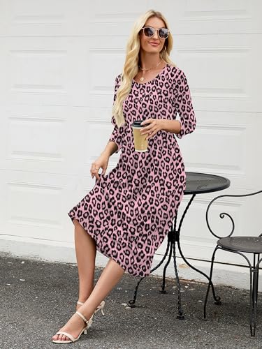 Image of Heymoments Women's Casual 3 /4 Sleeve Midi Dress Crewneck A Line Tiered Flowy Loose Travel Long Dresses with Pockets