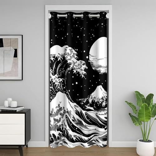 Loussiesd Japan Door Curtain 86X203Cm - Wave Mountain Fuji Privacy Closet Shade - Oriental Moon Design in White and Black