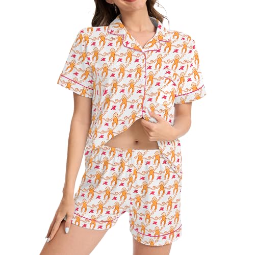 Image of Ammiko Womens Pajamas Set Y2k Loungewear Pajama Button Down Top and Shorts Monkey Beach Short Sleeve Sleepwear Preppy