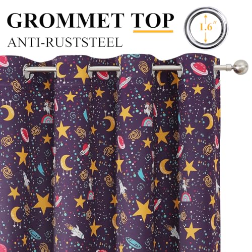 Image of Star Moon Unicorn Purple Blackout Kids Curtains 63 Inch for Girls Bedroom | Estelar Textiler Rainbow Planet Light Blocking Curtains,Grommet Thermal Insulated Drapes for Nursery,2 Panels,52Wx63L Inch
