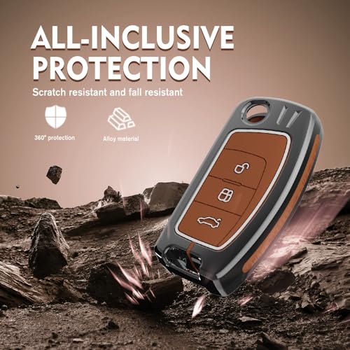 Image of Car Key Cover Compatible with Ford EcoSport (Old), Fiesta, Figo | 3-Button Flip Remote Key Shell with Stylish Keychain (Metal Brown)