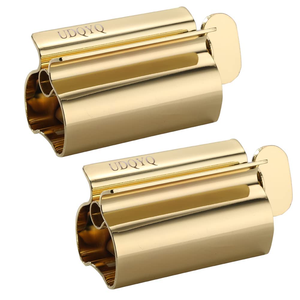 Toothpaste Squeezer 2 Pack - Metal Tube Squeezer Stainless Steel Tube Wringer UDQYQ Toothpaste seat Holder Stand (Gold)