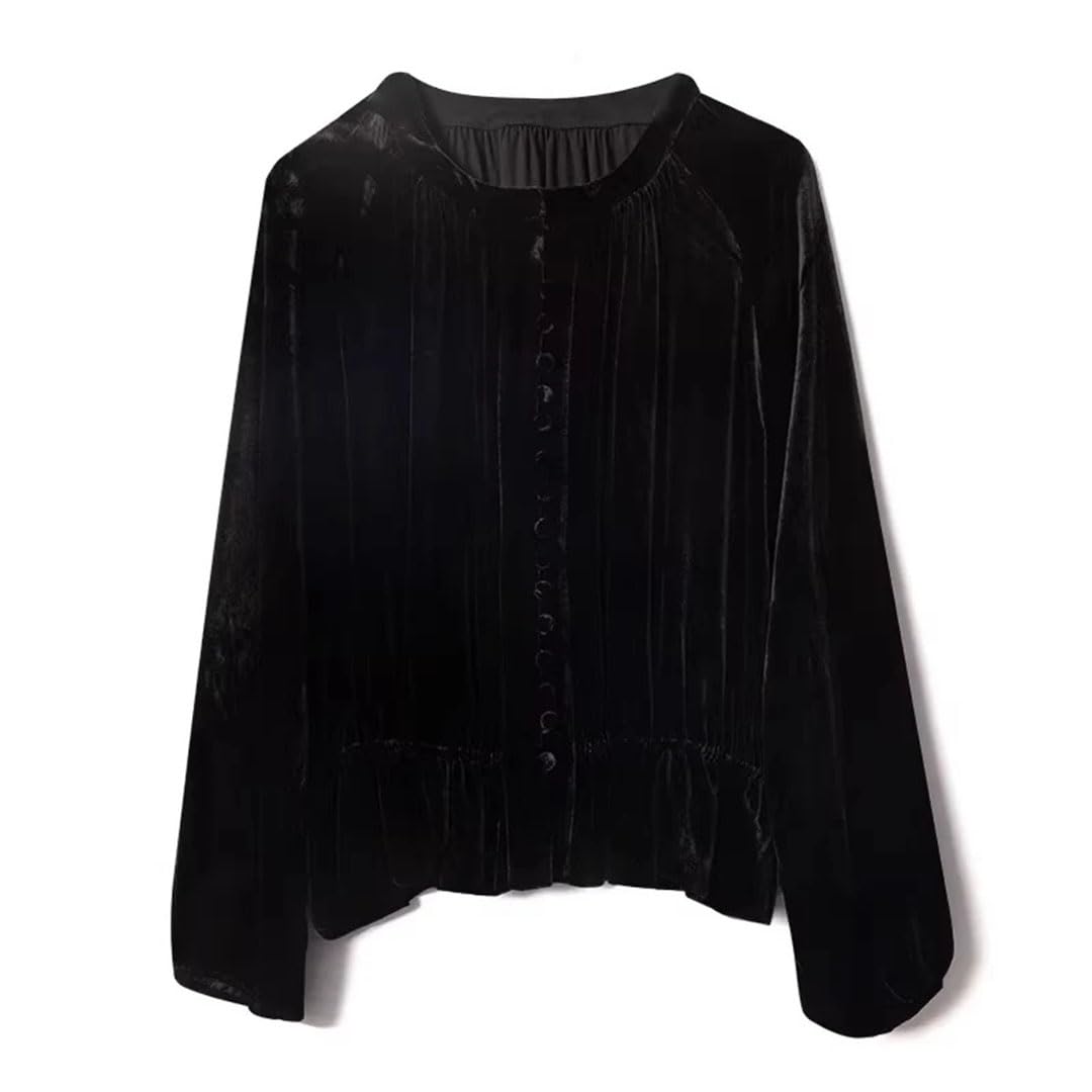 Camisa retro de manga larga de seda con cuello redondo y hebilla de una sola fila para mujer