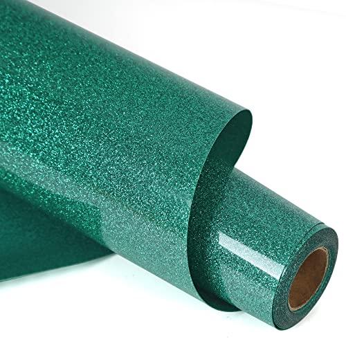 Image of RENLITONG Green Glitter Heat Transfer Vinyl HTV Vinyl Rolls- 12 inch x 12ft Iron on Vinyl for T-Shirt, Cameo - Easy to Cut & Weed for Heat Vinyl Design