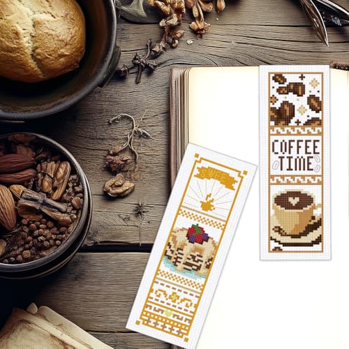 Image of BEUNITONE 6 Pcs Cross Stitch Bookmark Kit for Beginner Coffee and Sweet Time Theme Hand Embroidery Kit with Instruction Tea Stamped Embroidery Bookmarks Handmade for DIY Crafts Book Lovers 8.5''x3''