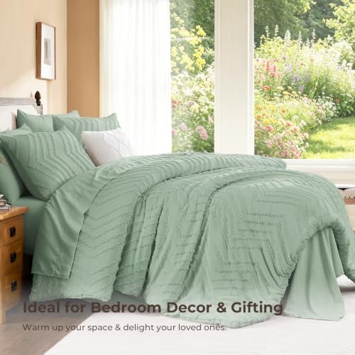 Image of Litanika Super King Size Comforter Set with Sheets Sage Green - 7 Pieces Bed in a Bag Oversized King Boho Tufted Complete Bedding Sets with Comforter, Sheets, Pillowcases & Shams