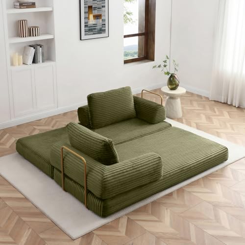 Image of HANXIN 80 Inch Convertible Sleeper Sofa Bed, High Back Plush Corduroy Folding Floor Mattress Couch with Fixed-Shape Frame, Boneless Futon Loveseat with Pull Out Bed, No Assembly Required (Green)