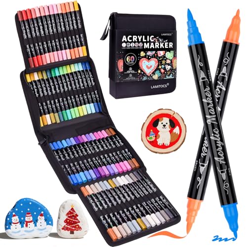 Lamitocs Marcadores de Pintura Acrílica, 60 Colores Punta Fina y Punta de fieltro Doble para Pintura en Roca, Madera, Lienzo, Caligrafía, Suministros de Arte para Manualidades Navideñas DIY